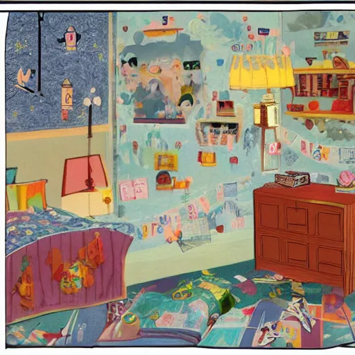 Prompt: pretty amorphous storybook illustration collage boys bedroom