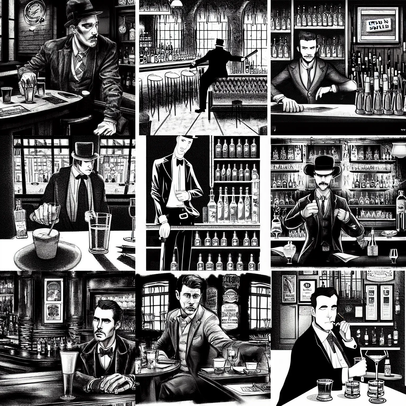 Prompt: pen and ink a detective in a bar, impressive scene. grainy and rough. black and white colour scheme. beautiful artistic detailed digital art