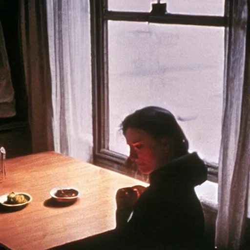 Image similar to film still of soviet movie still a soviet woman sitting at a table next to the window with food, dark warm light, a character portrait by margarita terekhova, movie stalker solaris film still by andrei tarkovsky, 8 k, close - up bokeh, gelios lens, color, noir