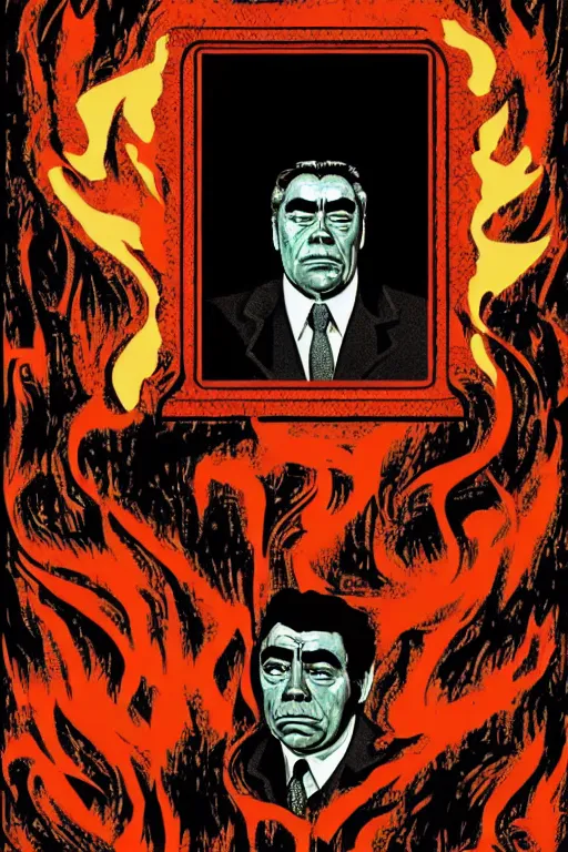 Image similar to brezhnev in hell, art in the style of a poster for horror films in a cinema, detailed art in color