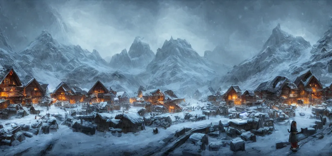 Prompt: mountain village with wooden viking houses in the snow, blizzard, landscape, raphael lacoste, eddie mendoza, alex ross, concept art, matte painting, highly detailed, rule of thirds, dynamic lighting, cinematic, detailed, denoised, centerd