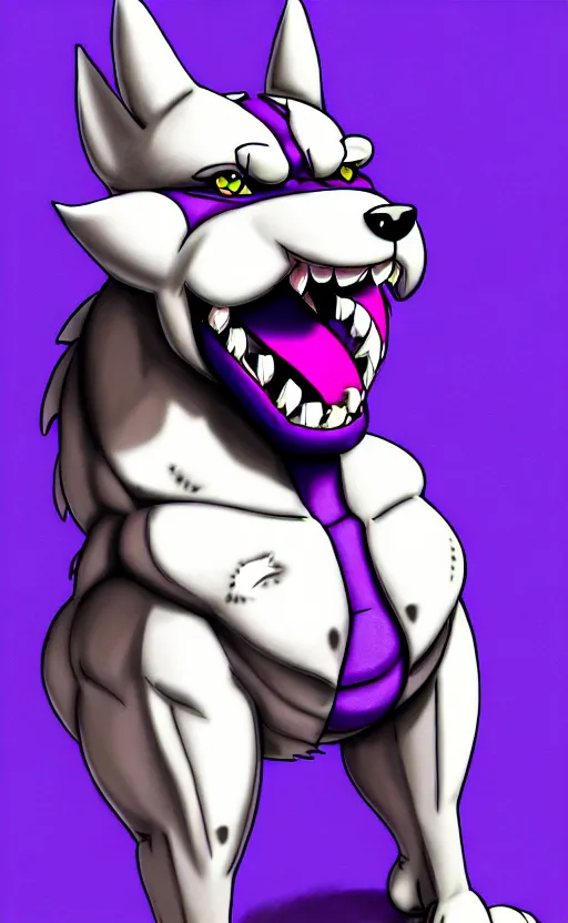 Image similar to painting of an anthropomorphic bulky muscular purple dog, furry style, wearing jeans, deviant art, fursona, professional furry drawing, insanely detailed, bulky husky dragon like face, doing a pose from jojo's bizarre adventure, detailed veiny muscles, exaggerated features, beautiful shading, huge white teeth, grinning, colorful background