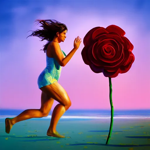 Image similar to portrait, giant rose flower head, woman running at the beach, surreal photography, sunrise, blue sky, dramatic light, impressionist painting, digital painting, artstation, simon stalenhag