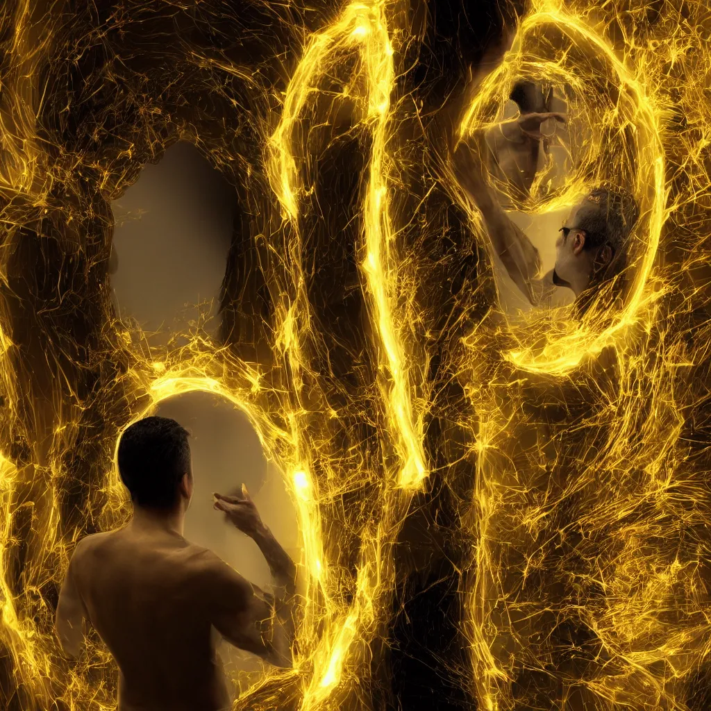 Image similar to “a first human standing looking at a mirror through a golden portal with a reflection of himself while a conscious being manifests next to him, highly detailed in 4K”