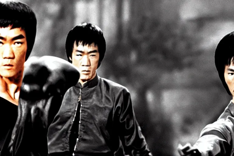 Image similar to bruce lee vs jet li, mortal kombat fight scene, high definition