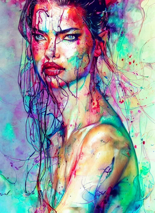 Image similar to adriana lima by agnes cecile enki bilal moebius, intricated details, sitting on a stool, full body portrait, extremely luminous bright design, pastel colours, drips, autumn lights