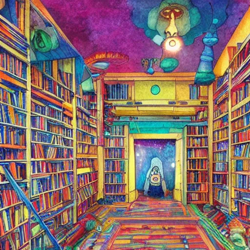 Prompt: an imagination machine bursting with colours, inside a wizards room, books are on shelves, machine parts litter the floor, in the style of studio ghibli