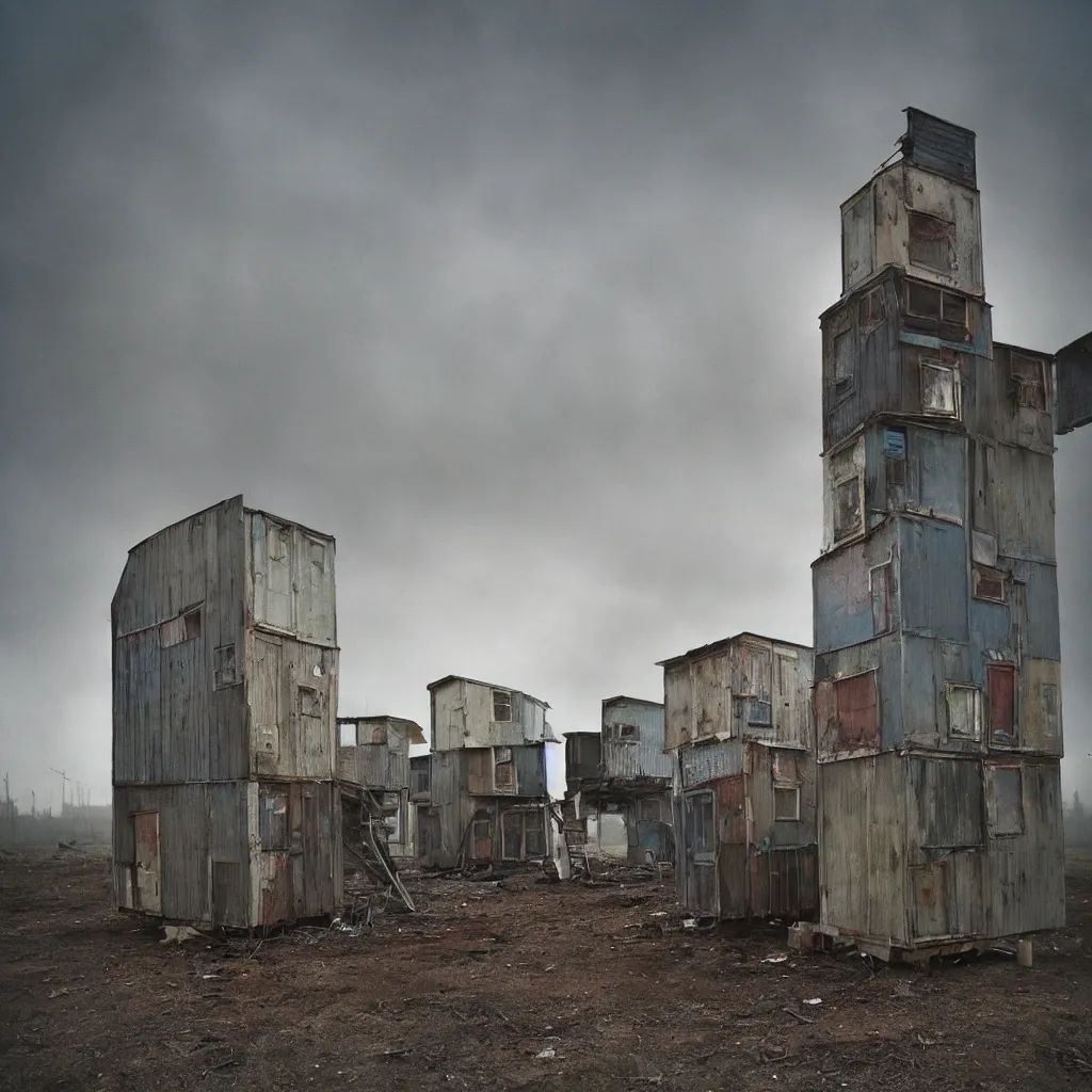 Image similar to two towers, made up of makeshift squatter shacks with faded colours, apocalyptic sky, uneven fog, dystopia, mamiya rb 6 7, fully frontal view, ultra sharp, very detailed, photographed by julie blackmon