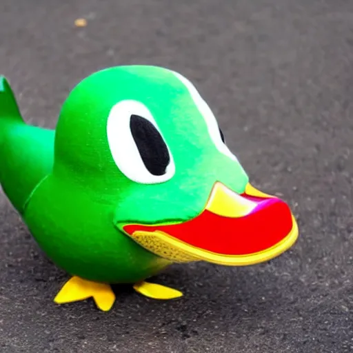 Prompt: a green duck from animal crossing wearing a white helmet