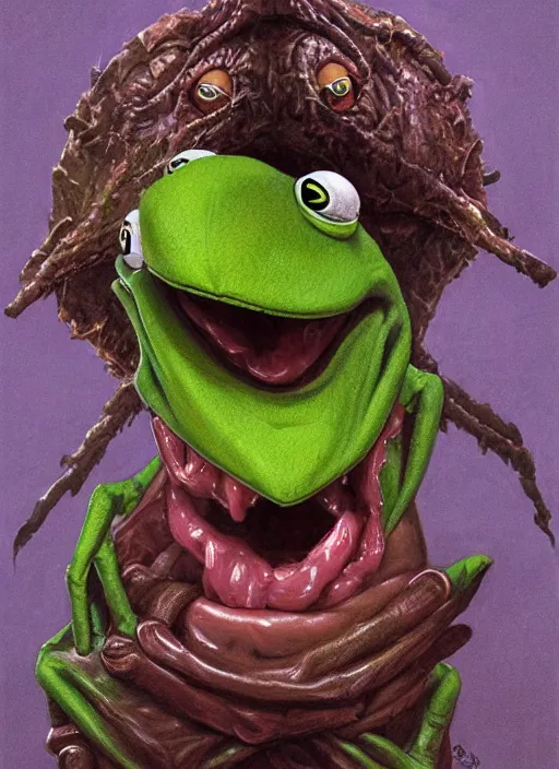 Image similar to portrait of Evil and screaming Kermit the frog in The Thing (1982) highly detailed, centered, solid color background, digital painting, artstation, concept art, smooth, sharp focus, illustration, artgerm, donato giancola, Joseph Christian Leyendecker, Les Edwards, Ed Repka, WLOP, Artgerm