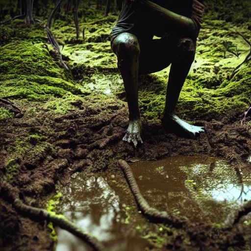 Image similar to Enigmatic Slender Man with Mud and Moss over his skin and plants growing on him is kneeling in a dirty pond, Photorealistic, Sunlight, Creepy, Photograph, National Geographic, Hyperdetailed