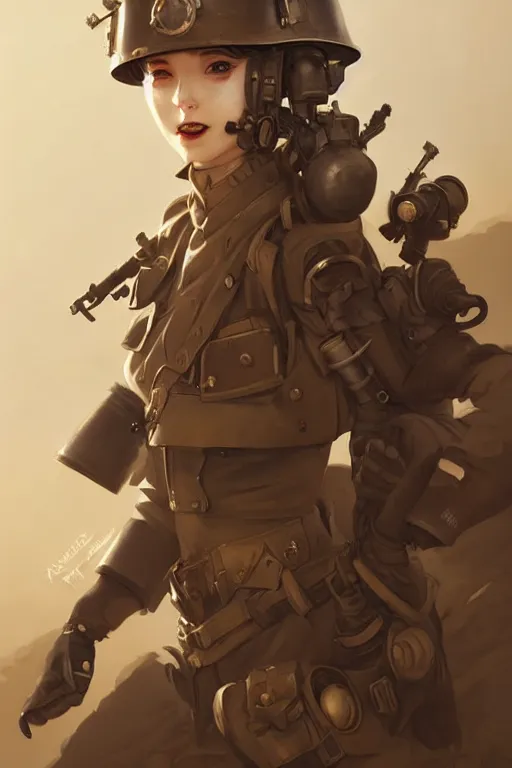 Prompt: dieselpunk soldier girl, helmet, shoulders, chest, portrait, desert, armored, highly detailed, sharp focus, art, illustrations by rossdraws and ayanamikodon and wlop and irakli nadar and loish