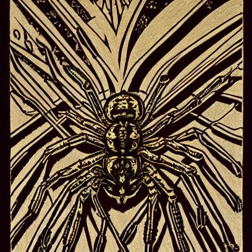Image similar to a spider in an empty room, colored woodcut, poster art, by Mackintosh, art noveau, by Ernst Haeckel