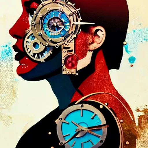 Image similar to portrait of britainwoman :: side profile :: in ocean :: clockwork details :: gold :: blood and horror :: by marvel and Sandra Chevrier