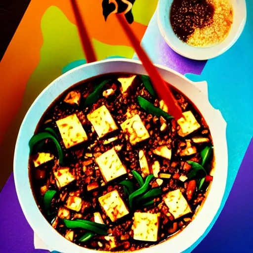 Prompt: mapo tofu as cartoon, hyperpop aesthetics on the background, minimal, sweet color scheme, adventure time style