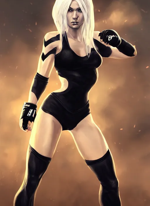 Image similar to a highly detailed illustration of fierce beautiful platinum blonde woman wearing black mma gear, heroic fighting stance pose, muscular, perfect face, perfect body, intricate, elegant, highly detailed, centered, digital painting, artstation, concept art, smooth, sharp focus, league of legends concept art, wlop