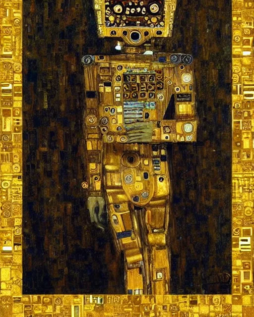 Image similar to Golden Portrait of a Robot from iRobot by Gustav Klimt, cyberpunk noir, baroque elements, intricate artwork by caravaggio, aesthetic, intricate, highly detailed, masterpiece