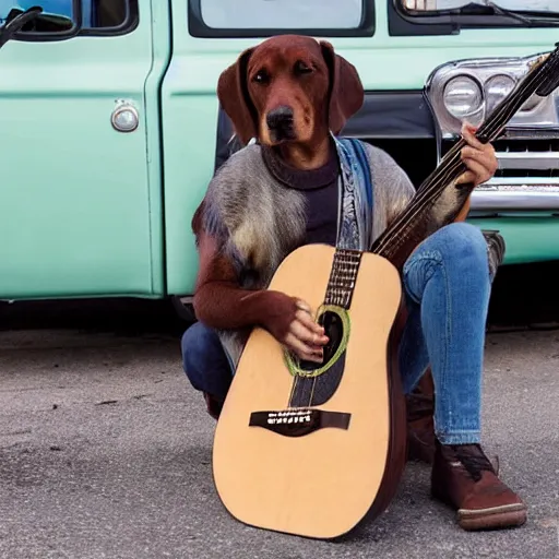 Image similar to A folkpunk brown hound dog playing the guitar in front of a pickup truck