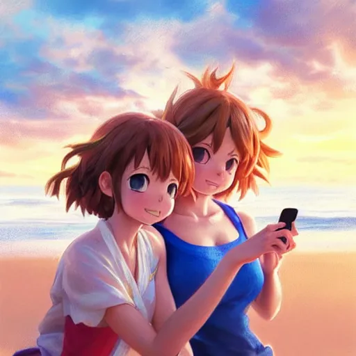 Image similar to beautiful serene intricate very detailed portrait of ochako uraraka and ochako uraraka taking a selfie, smiling softly, relaxing on the beach, golden hour, soft focus, 8 k, art by irakli nadar, hyperrealism, hyperdetailed, ultra realistic