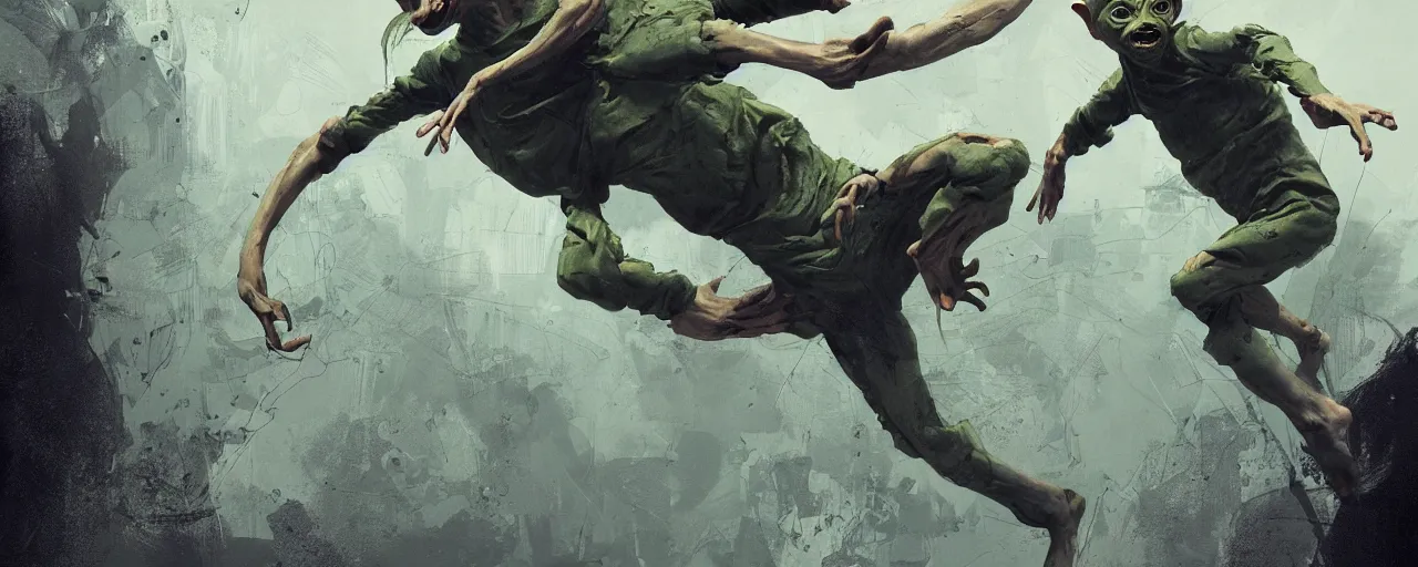 Prompt: duotone olive green grey illustration 3 / 4 portrait of gollum doing kunfu air kicks. dynamic chaotic composition accidental renaissance golden ratio. by sachin teng and sergey kolesov and ruan jia and heng z. graffiti art, scifi, fantasy, hyper detailed. octane render. concept art. trending on artstation