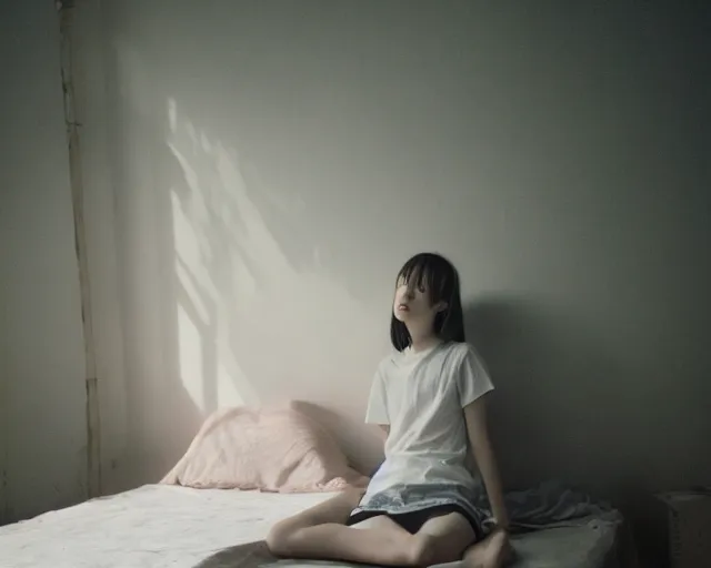 Prompt: a film still of lone anime girl in white tshirt is sitting on poor bed in pale colors room in dark russian flat, perfect faces, details, anime, cinestill