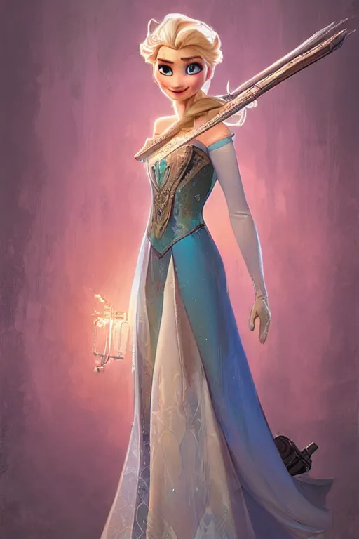 Image similar to elsa from frozen as steampunk half - cyborg, western gunslinger, high fantasy, dnd, smooth, sharp focus, illustration, highly detailed, digital painting, artstation, concept art, by disney animation, rossdraws, alphonse mucha, frank fanzzeta, collectible card art