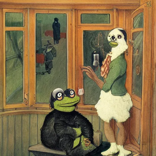 Image similar to pesta i trappen by theodor severin kittelsen, pepe the frog