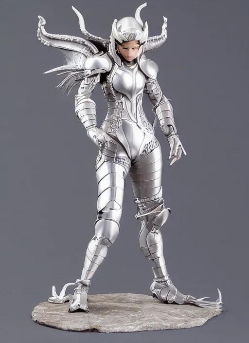 Prompt: 80mm, resin detailed model figure of a female wearing a silver dragon armor without helmet