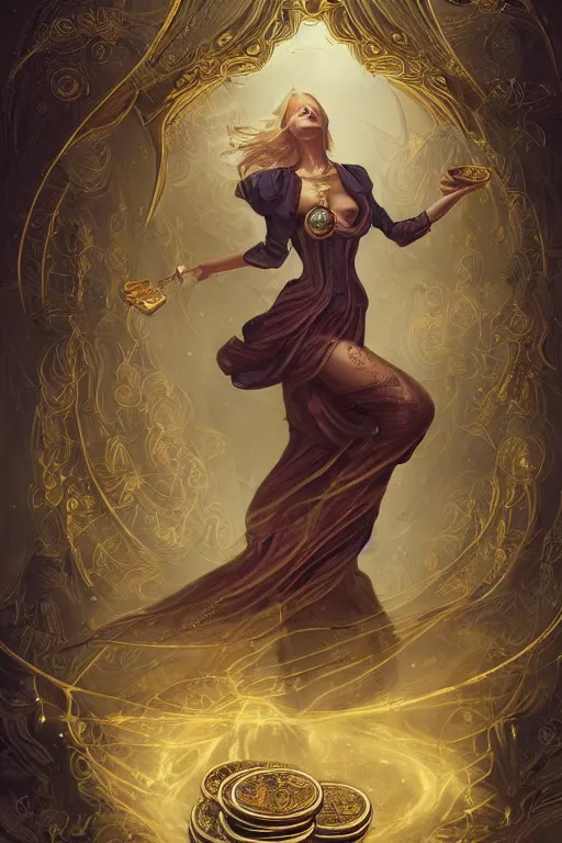 Prompt: tarot card of a woman with gold coins, treasure, riches, epic scene, style of peter mohrbacher, elegant woman, long flowing golden hair, beautiful woman, lots of coins, fractal, luxury, greedy, ornate, highly detailed