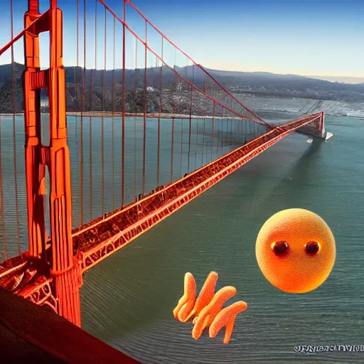 Prompt: the golden gate bridge made of fried eggs by greg rutkowski and frank lloyd wright