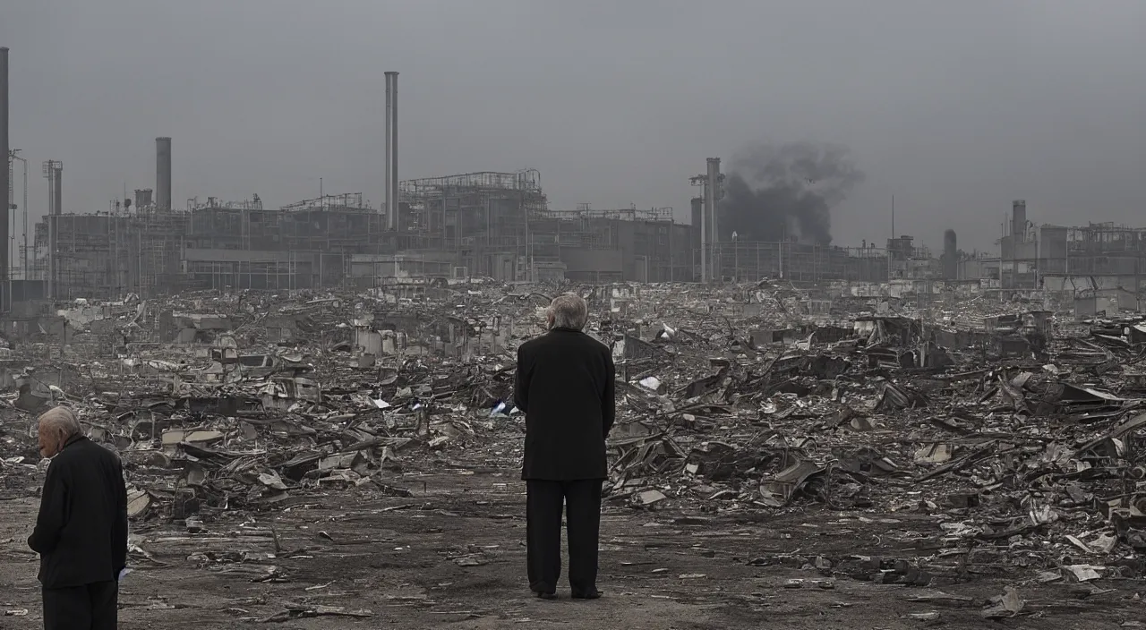 Prompt: a sad old man looks on as in the distance a factory he used to work in is destroyed