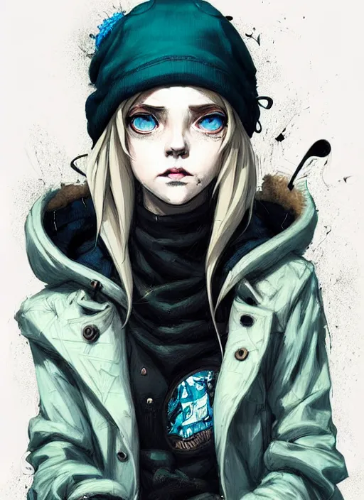 Image similar to highly detailed portrait of a sewer punk lady student, blue eyes, burberry hoody, hat, white hair by atey ghailan, by greg tocchini, by kaethe butcher, gradient green, black, brown, cream and blue color scheme, grunge aesthetic!!! ( ( graffiti tag wall flat colour background ) )