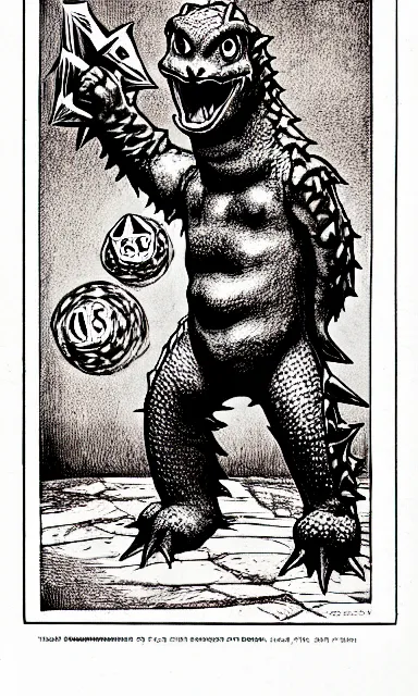 Image similar to charmander as a d & d monster, full body, pen - and - ink illustration, etching, by russ nicholson, david a trampier, larry elmore, 1 9 8 1, hq scan, intricate details, stylized border