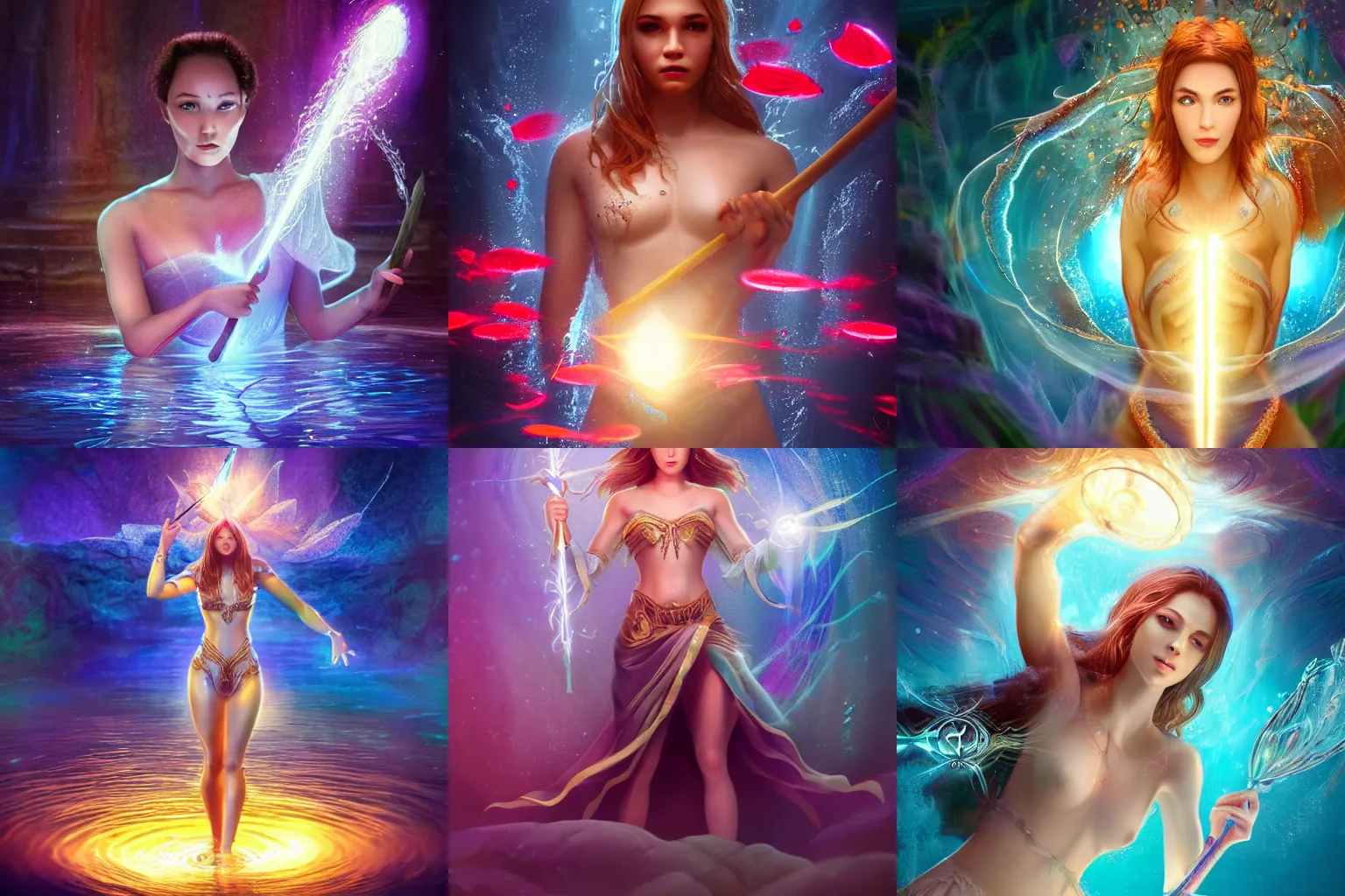 Prompt: a beautiful female human god of light character, character is in all its glory under the water, character is centered on the image, character is holding magic weapon, rim lights, highly detailed professional photo, dynamic lights, particles and crystals are flying, very deep depth of field, trending on artstation, illustration, hyper realistic, vray caustics, super detailed, colorful accents, cinematic shot