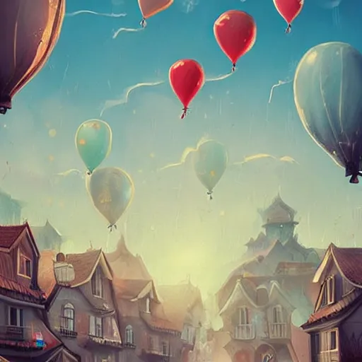 Image similar to a lot of floating birthday balloons. beautiful village. digital art, highly - detailed, artstation cgsociety masterpiece