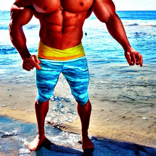 Prompt: muscular man in pizza styled outfit, beach background