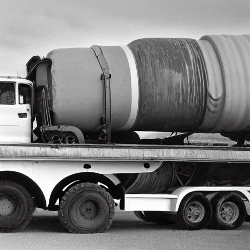 Prompt: cement truck that distributes mustard award winning photo 1970s kodak picture