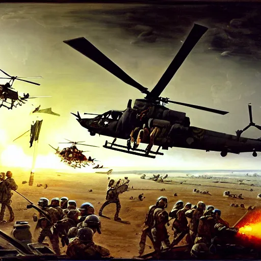 Prompt: a painting of soldiers taking down a helicopter using a rocket launcher in the gulf war by Bernardo Bellotto, high detail, hyperrealistic, concept art, artstation, 8k