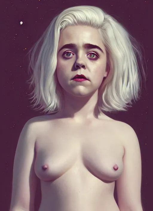 Image similar to full body portrait, kiernan shipka as sabrina spellman, white hair, obese, bangs, sultry, realistic, sultry smirk, fluffy bangs, freckles, fat, belly, intricate, elegant, highly detailed, digital painting, artstation, concept art, smooth, sharp focus, illustration, art by wlop, mars ravelo and greg rutkowski