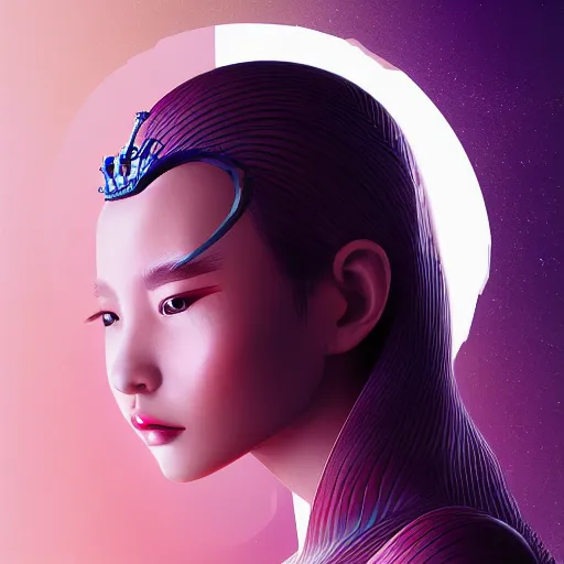 Image similar to portrait of an alien princess, style of Feng Zhu, Artstation geometric, aesthetic, smooth skin, unique features, symmetrical, intricate crown, high fashion, streetwear, cyberpunk, detailed, octane render, cinematic, 8k,