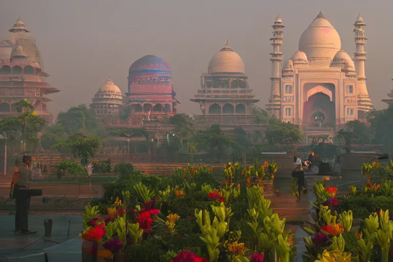 Prompt: beautiful futuristic new delhi, sharp sci - fi ganesha!! building, kalighat flowers, highly detailed cinematic, stephen shore & john j. park, soft morning light, wide shot, ground angle, uhd 8 k, shallow depth of field