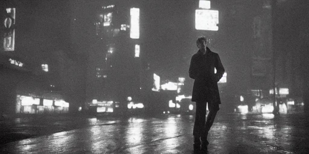 Image similar to clint eastwood, close look, in blade runner posing on a neon rainy vague street
