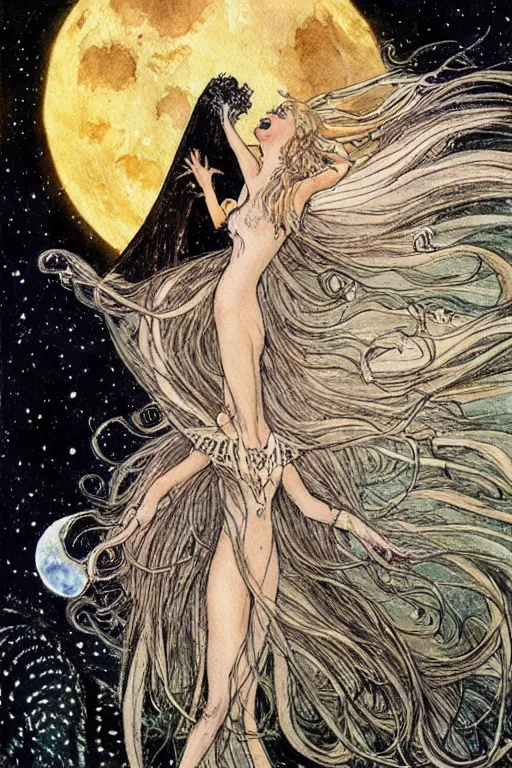 Image similar to moth princess woman howling at the moon with wild hair, art by luis royo and walter crane and kay nielsen, watercolor illustration,