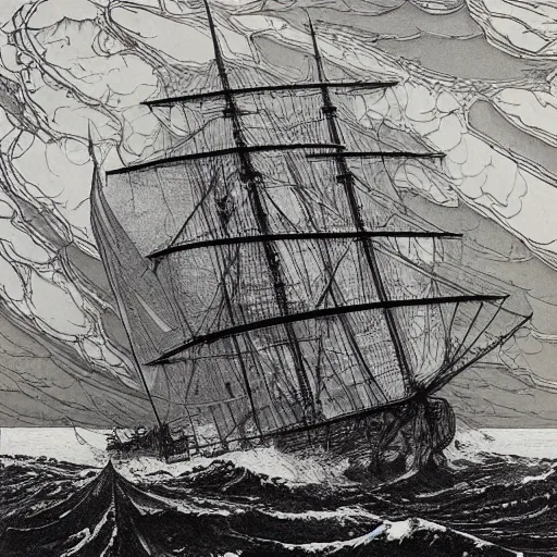 Prompt: galley on stormy seas by ed fairburn, joseph clement coll, franklin booth