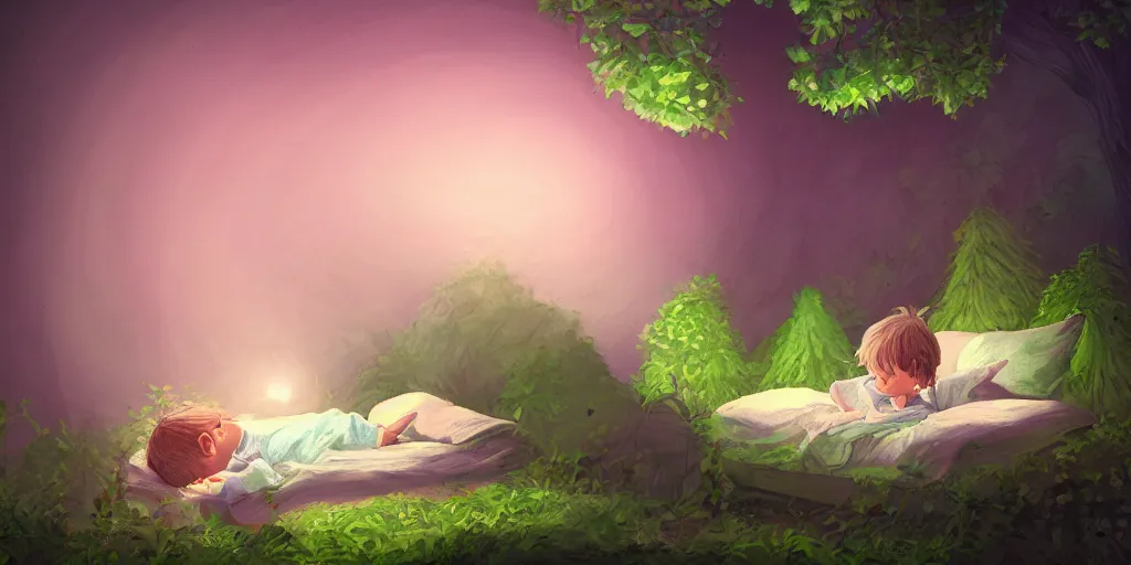 Image similar to beautiful illustration of a little boy on his bed dreaming about a beautiful green forest, intricate, elegant, glowing lights, highly detailed, digital painting, artstation, concept art, smooth, sharp focus, illustration