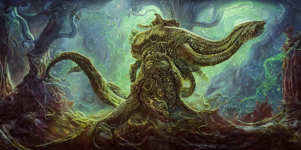 Image similar to Fantasy fairytale style portrait painting, Great Leviathan Turtle, cephalopod, Cthulhu Squid, hybrid, Mythic Island, center Universe, accompany Cory Chase, Blake Lively, Anya_Taylor-Joy, Grace Moretz, Halle Berry, Mystical Valkyrie, Anubis-Reptilian, Atlantean Warrior, hybrid, intense fantasy atmospheric lighting, digital oil painting, hyperrealistic, François Boucher, Michael Cheval, Oil Painting, Cozy, hot springs hidden Cave, candlelight, natural light, lush plants and flowers, Spectacular Mountains, bright clouds, luminous stellar sky, outer worlds, Jessica Rossier, michael whelan, William-Adolphe Bouguereau, Solar Flare HD,