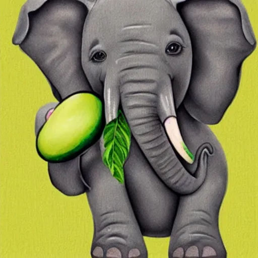 Image similar to an elephant holding an avocado with its trunk, realistic,