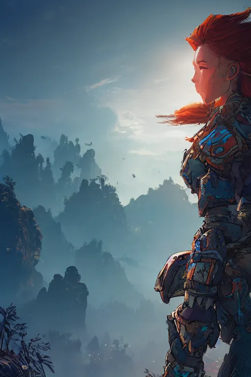 Image similar to combination suit armor aloy horizon forbidden west horizon zero dawn radiating a glowing aura global illumination ray tracing hdr fanart arstation by ian pesty and alena aenami artworks in 4 k tribal robot ninja mask helmet backpack