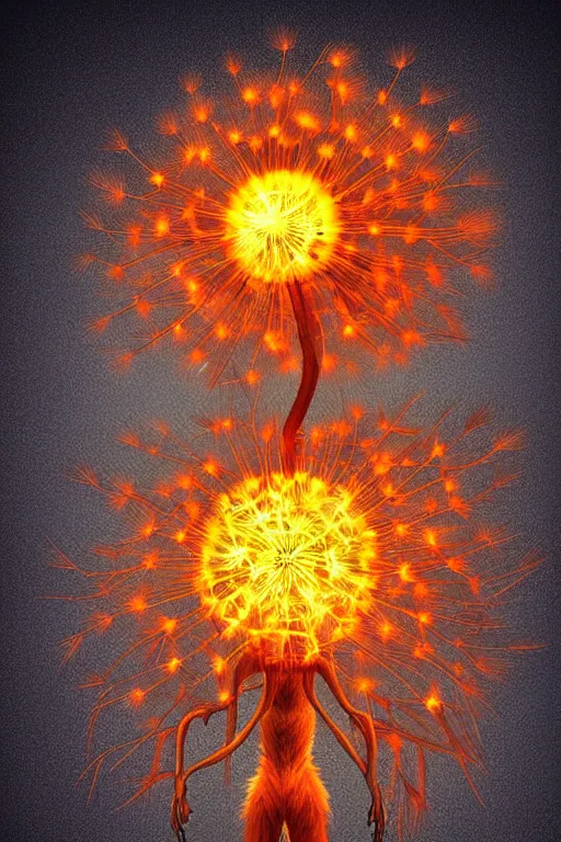 Prompt: a glowing humanoid figure dandelion monster with large glowing eyes, surrounded by fiery orange, highly detailed, digital art, sharp focus, trending on art station, artichoke, anime art style