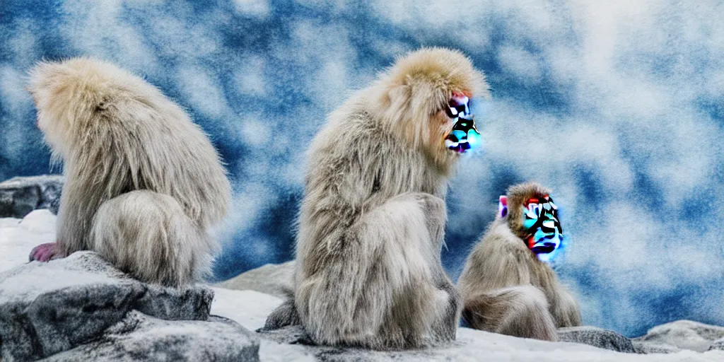 Image similar to scenic mountain setting, a family of snow monkeys gather at the natural spa to get warm, highly detailed, snow flurry, cold, steamy, desaturated blue, inquisitive, striking, contemplative, happy, content, warm, watercolor, dry brush